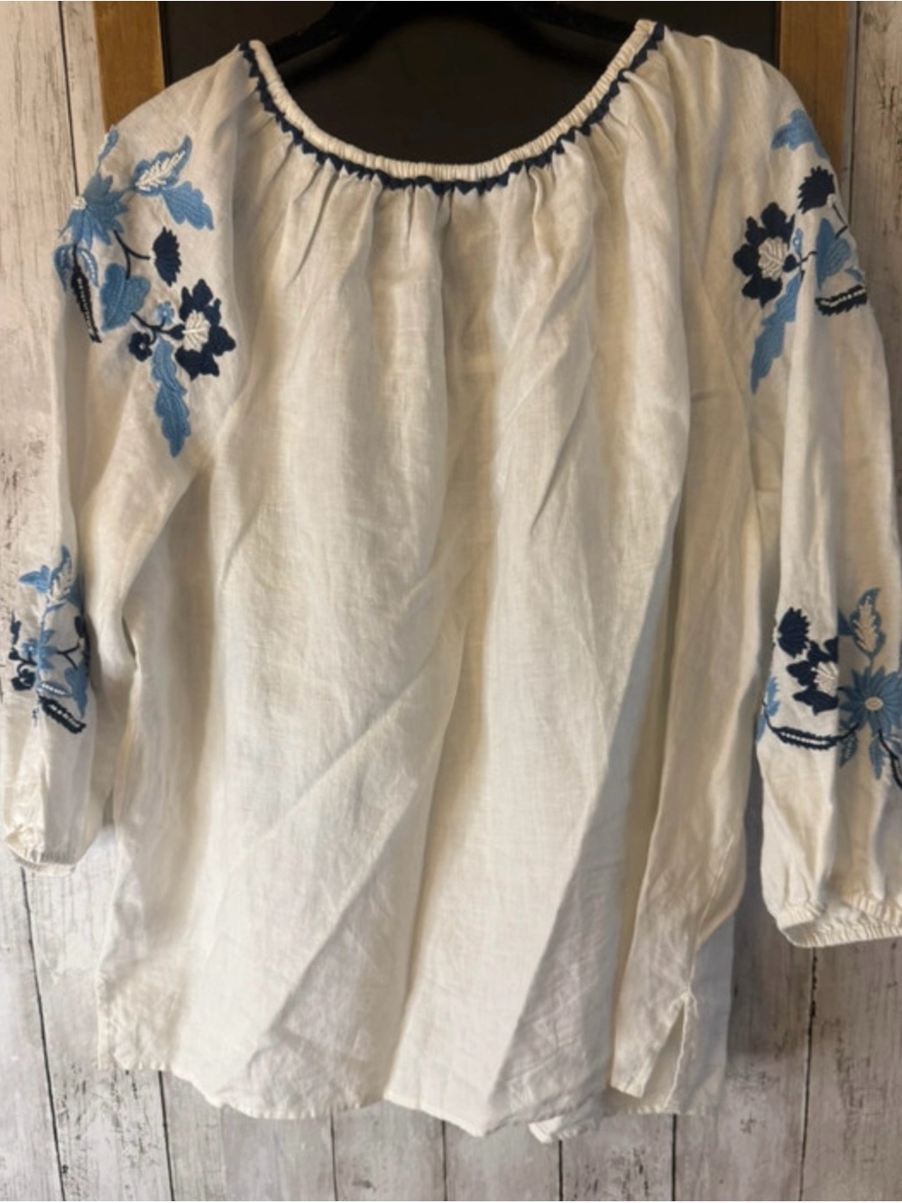 Embroidered Peasant Blouse - White Linen with Blue Floral Detail - Picture 3 of 6